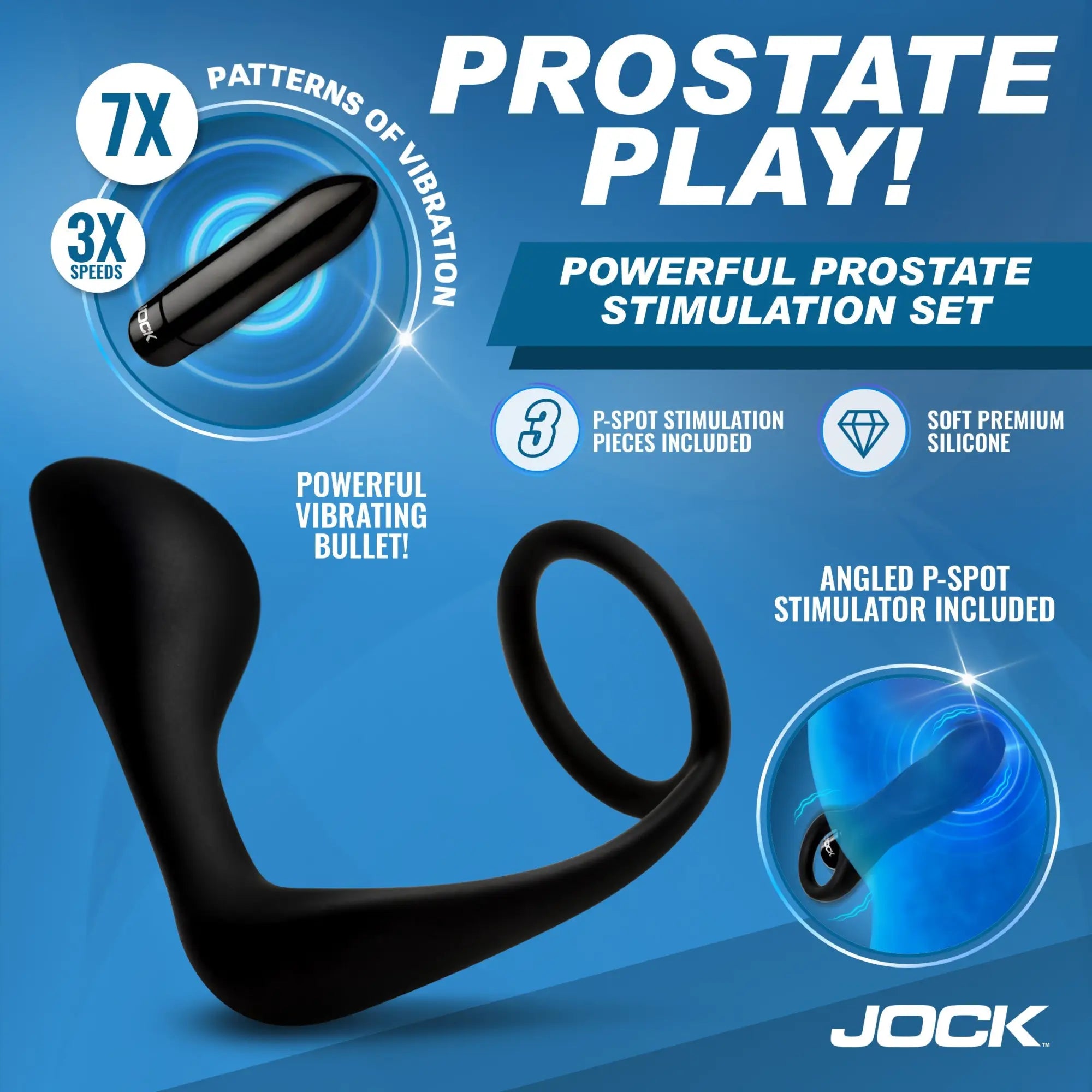 Jock P-Spotter silicone prostate vibrator set featuring black, ergonomic stimulators and a vibrating bullet.