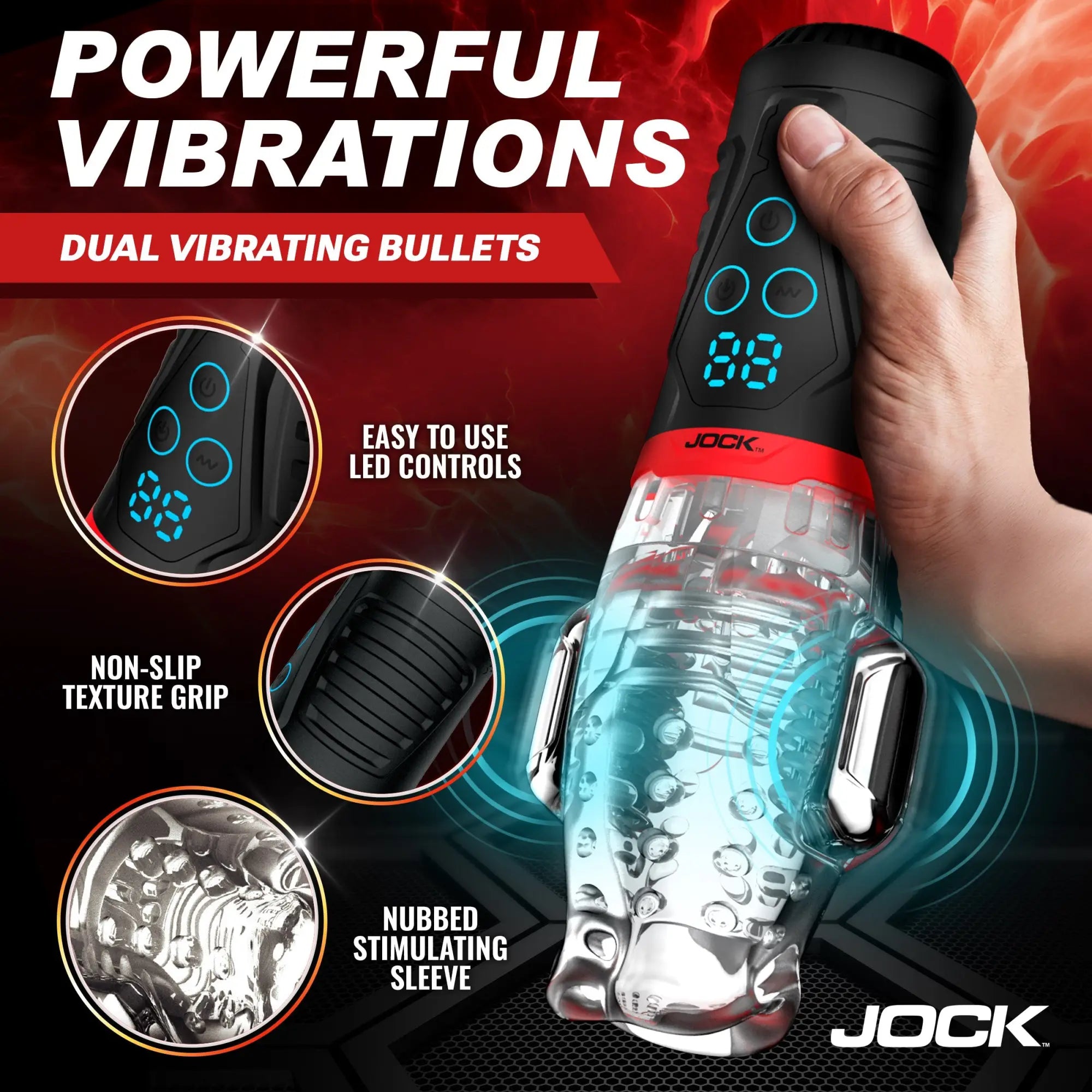 Jock Power Suck masturbator featuring a black handle, digital LED controls, and a clear, nubbed vibrating sleeve.