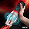 Jock Power Suck masturbator in a hand, featuring a black handle, digital display, and clear textured sleeve.