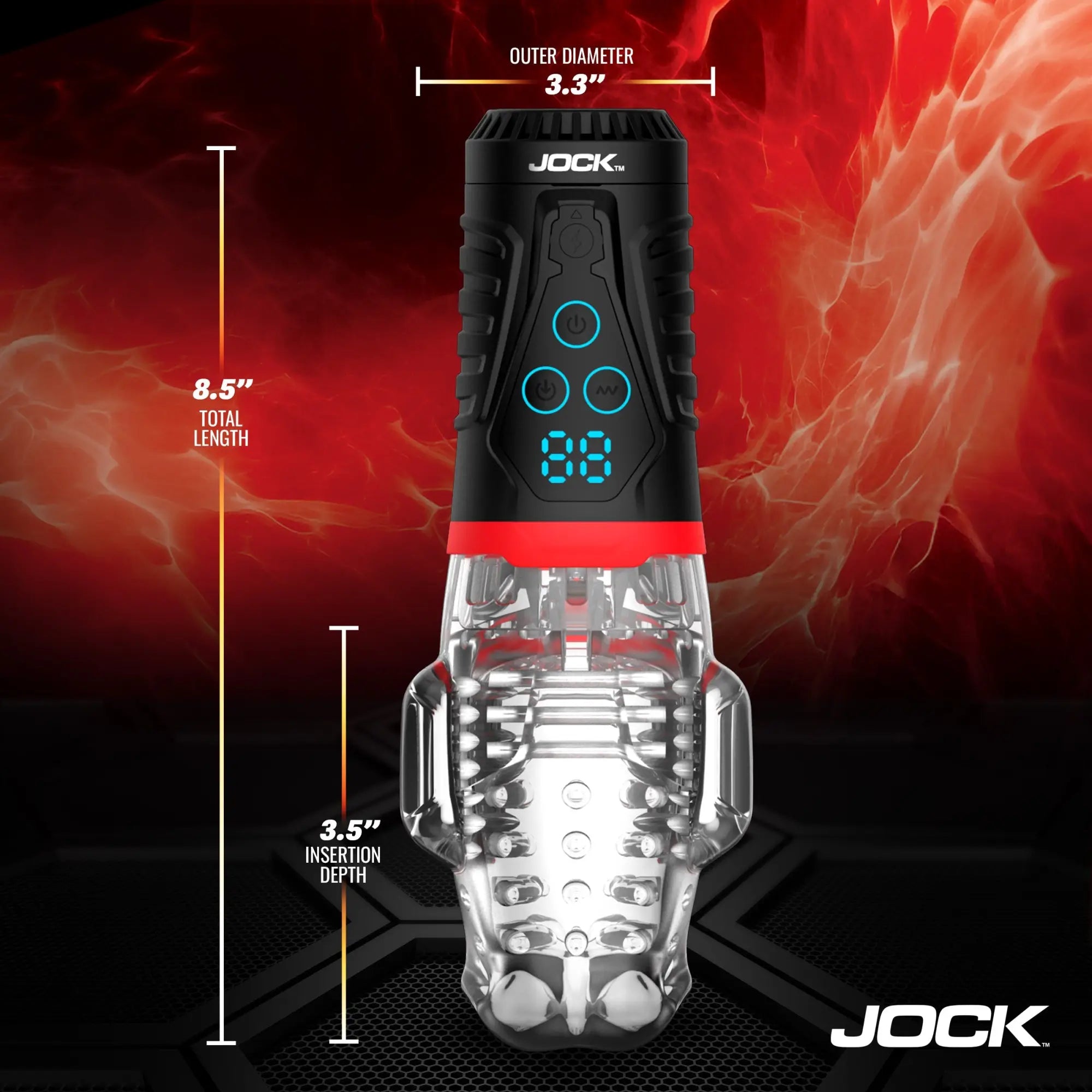 Jock Power Suck masturbator in black and clear with blue digital controls and dimensions shown against a red background.