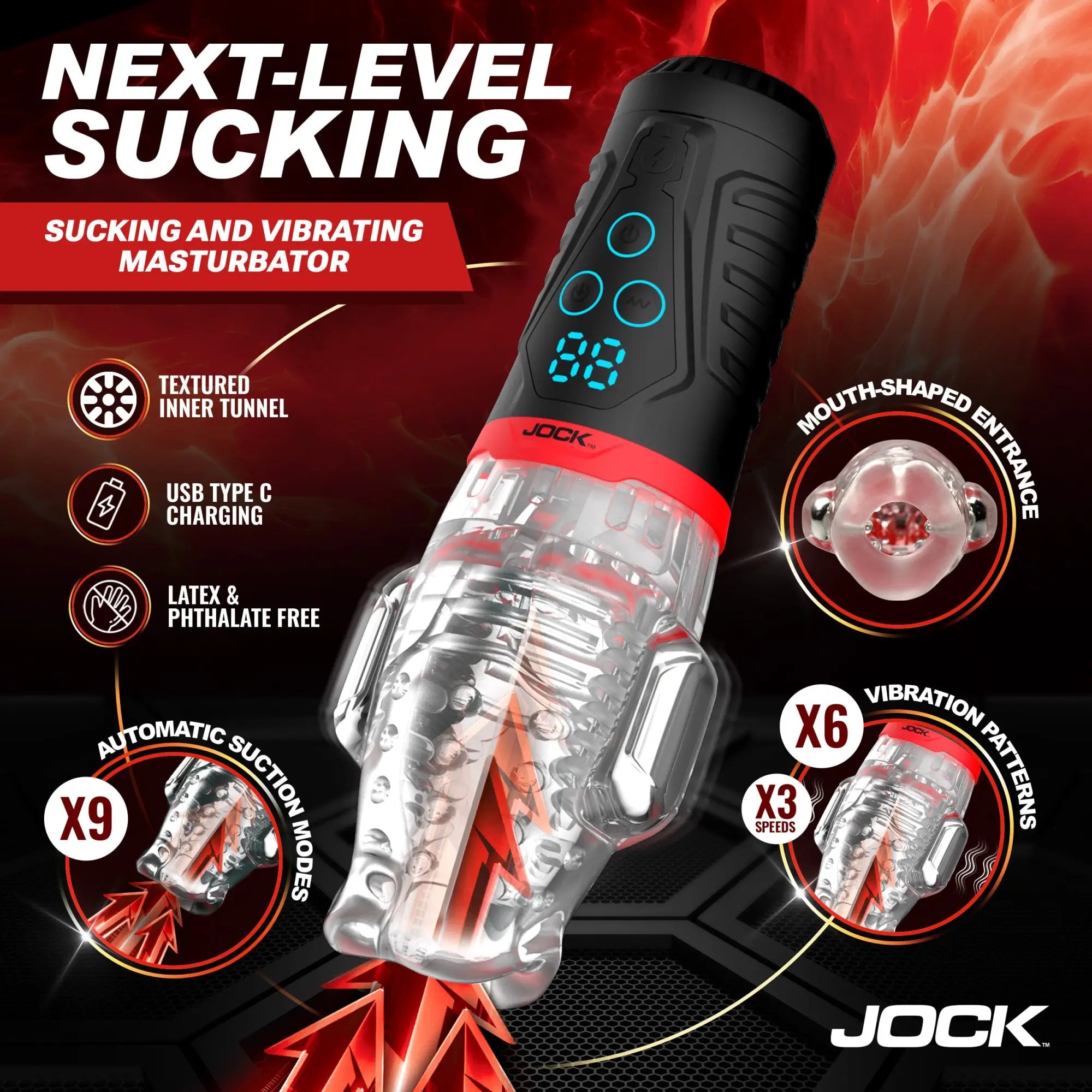 Jock Power Suck masturbator in black and clear with a digital display, mouth-shaped opening, and text features.