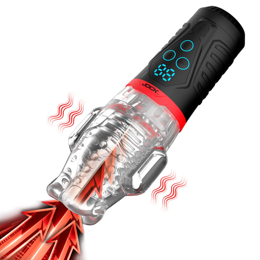 Jock Power Suck masturbator in black and red, featuring a clear textured sleeve and digital control display.