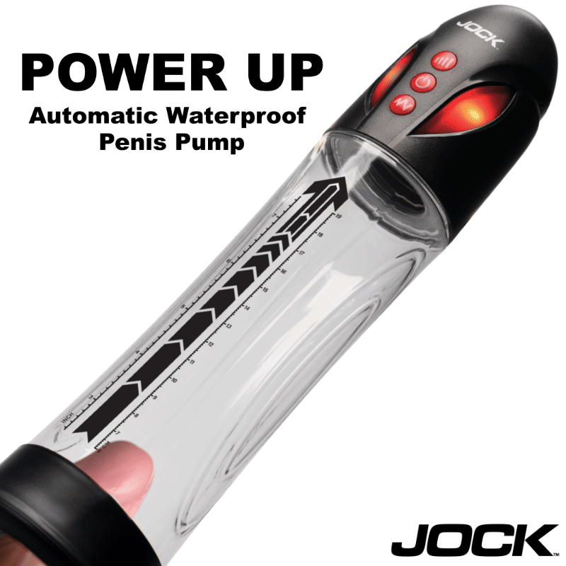 Jock Power Up: A clear cylinder penis pump with black base/top, glowing red control buttons, and measurement markings.