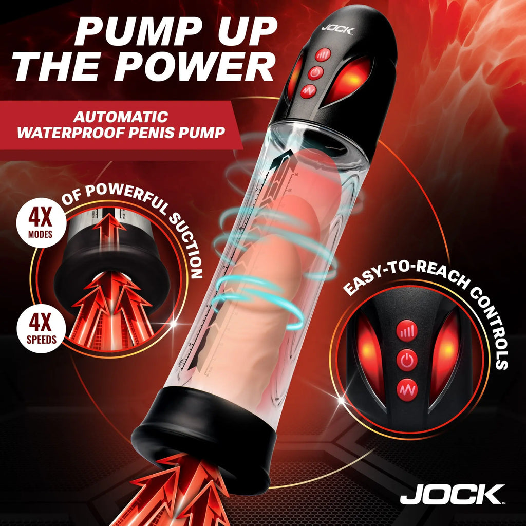 Jock Power Up automatic waterproof penis pump with a clear cylinder, black base, and illuminated red control buttons.