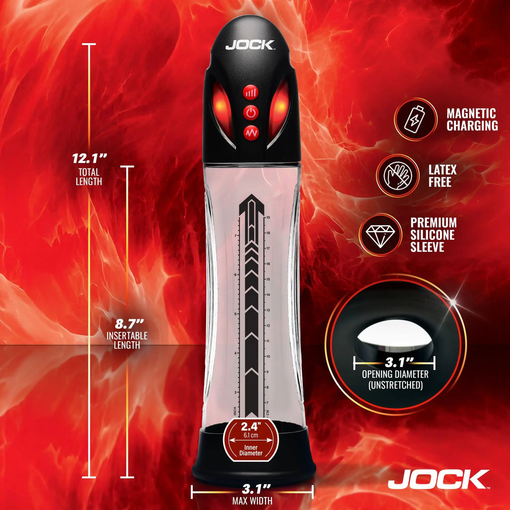 Jock Power Up automatic penis pump in clear and black, featuring measurement markings and red light indicators.