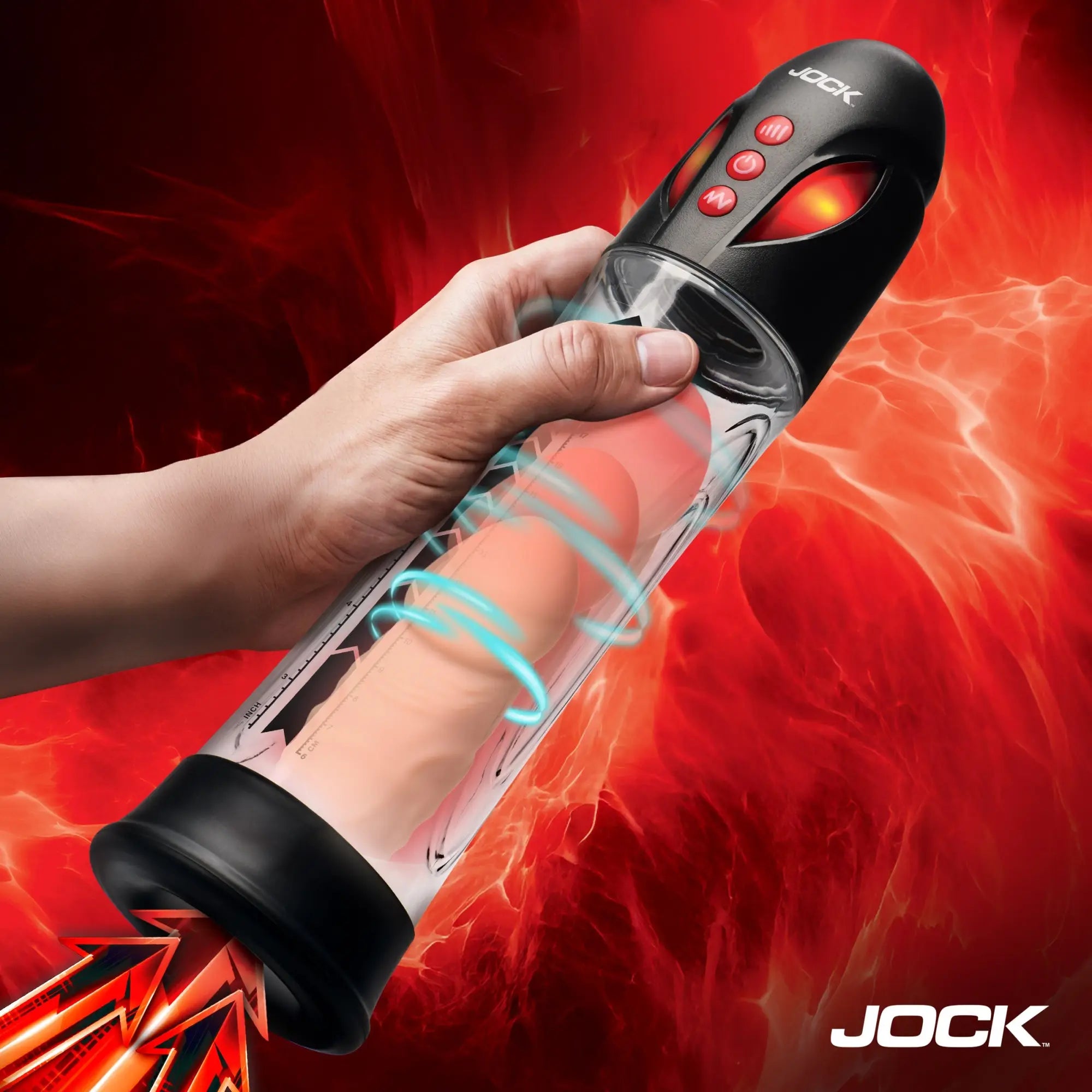 A hand holds the black and clear Jock Power Up Automatic Penis Pump against a red, fiery background.