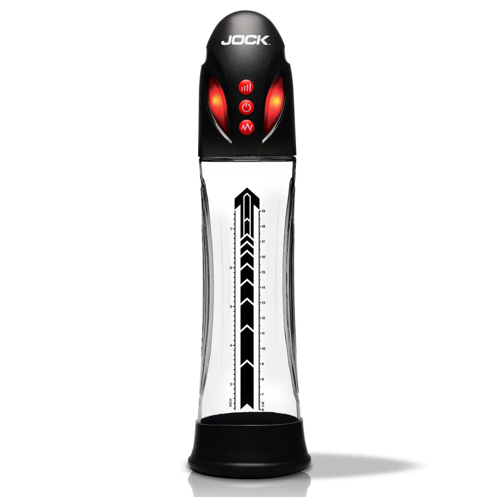 Jock Power Up automatic penis pump with a clear cylinder, black base/cap, and illuminated red control buttons.