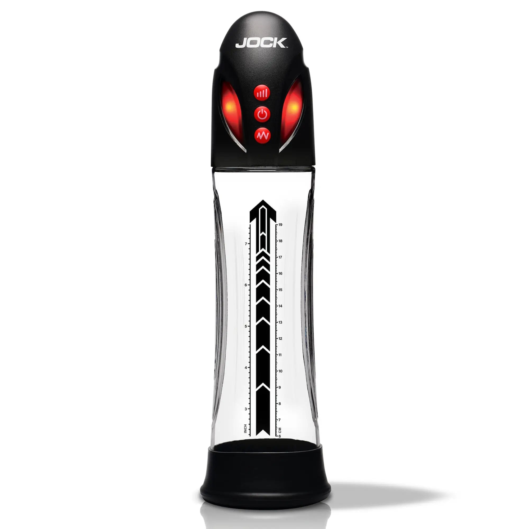 Jock Power Up automatic penis pump with a clear cylinder, black base/cap, and illuminated red control buttons.