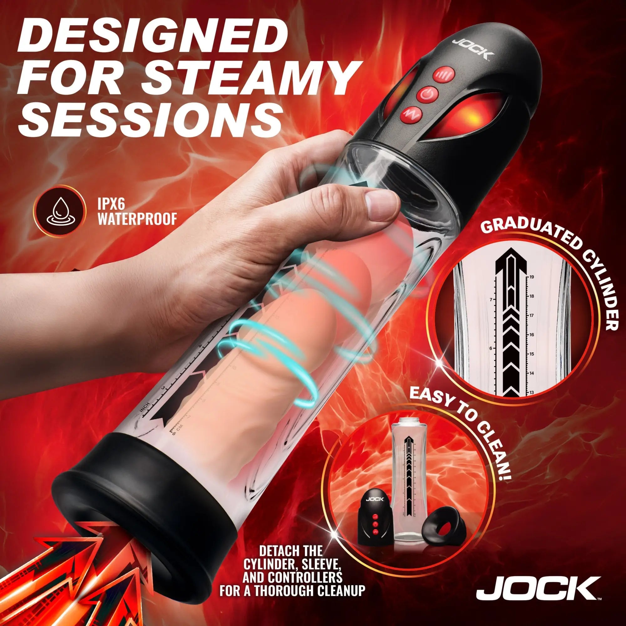 Hand holding a Jock Power Up automatic waterproof penis pump with a clear graduated cylinder and black base.