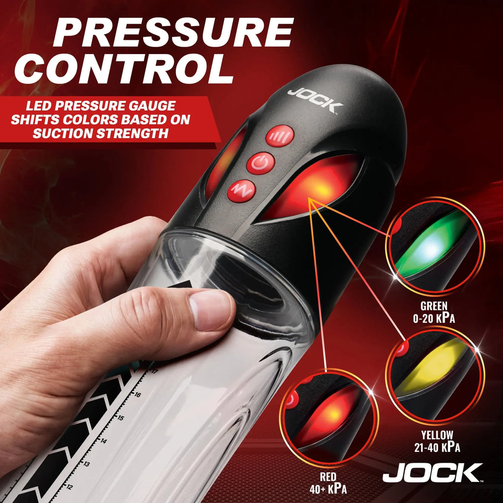 Jock Power Up automatic pump with a clear cylinder and black control top featuring color-changing LED pressure lights.