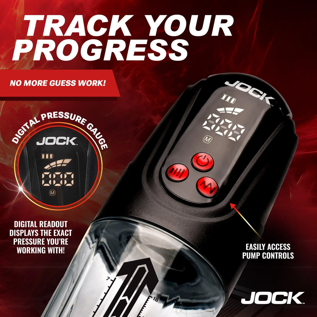 Jock Power Up digital penis pump with a black control base, red buttons, and a clear, marked cylinder on a red background.