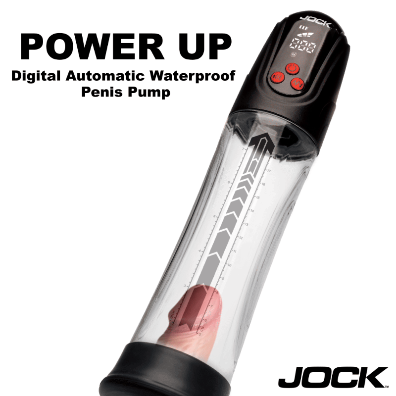 Jock Power Up digital automatic waterproof penis pump with a clear, measured cylinder and black electronic control top.