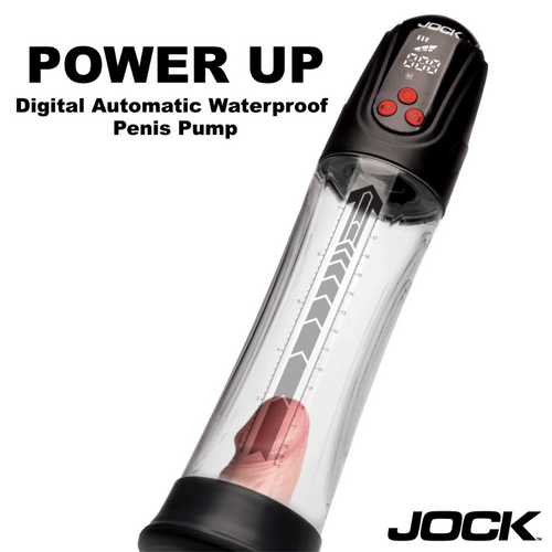 Jock Power Up digital automatic waterproof penis pump with a clear, measured cylinder and black electronic control top.