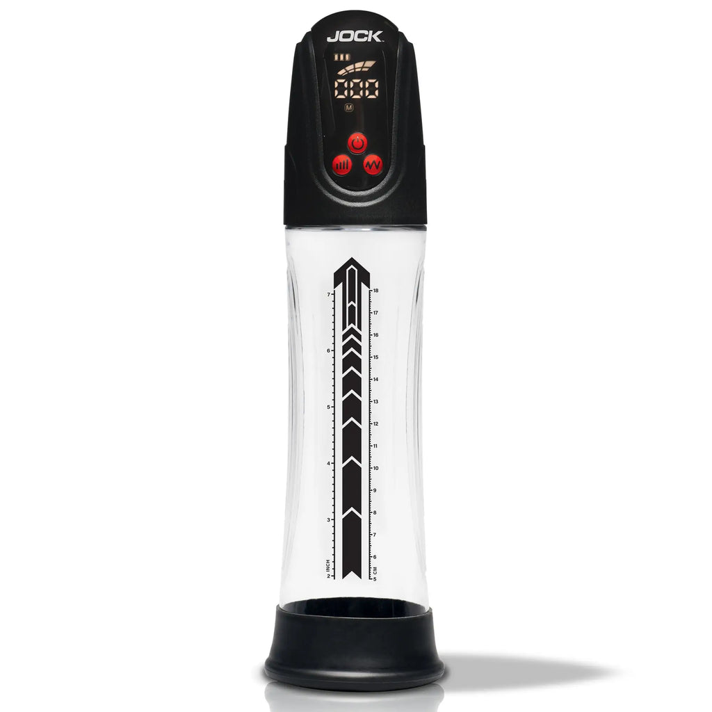 Jock Power Up digital penis pump with a clear cylinder, black base, and top control unit with a digital display.