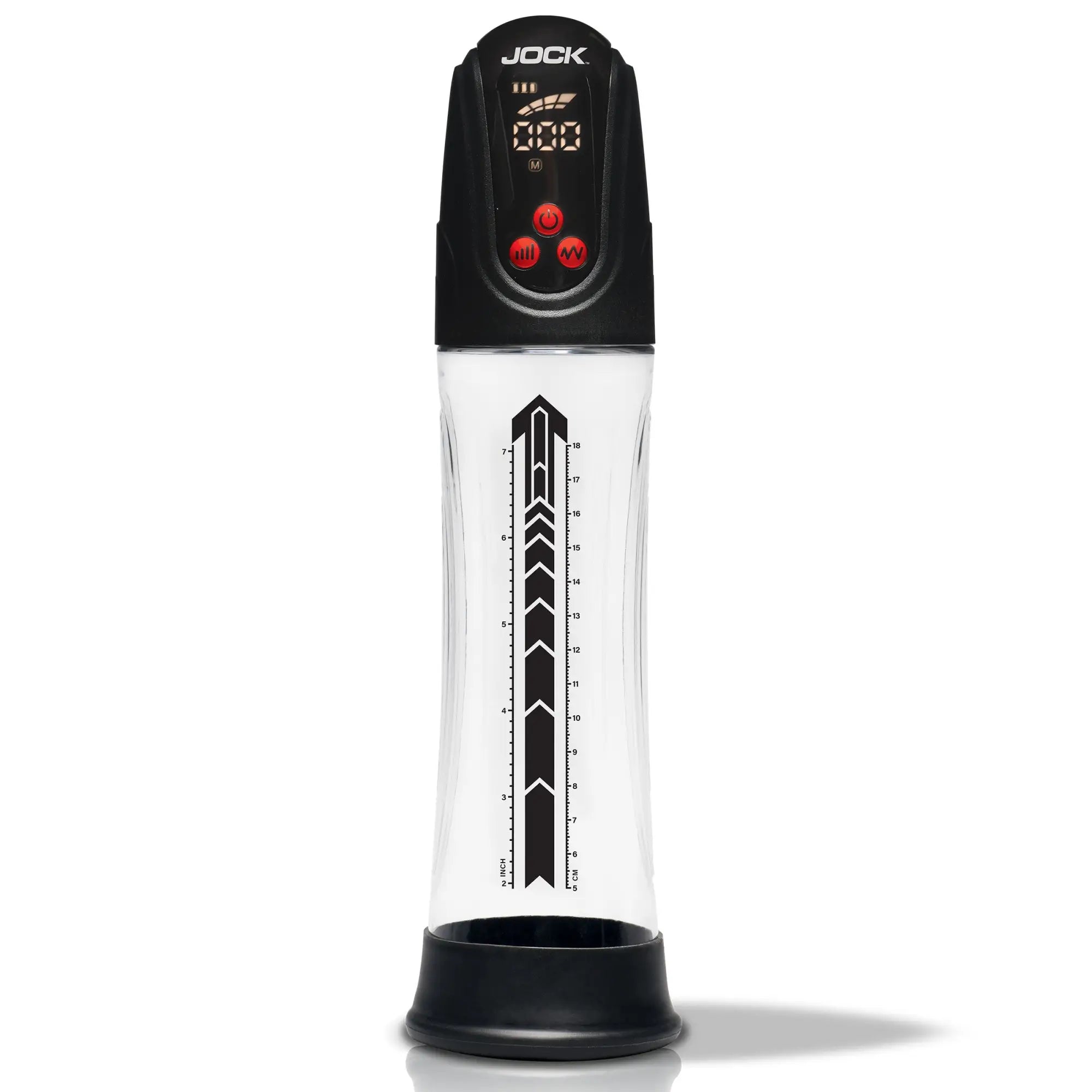 Jock Power Up digital penis pump with a clear cylinder, black base, and top control unit with a digital display.