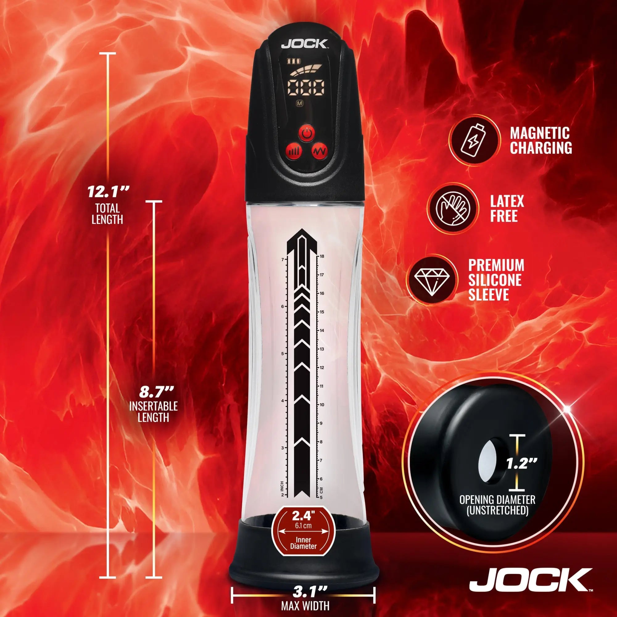 Jock Power Up digital penis pump with a clear cylinder, black control base, and measurement guides on a red background.