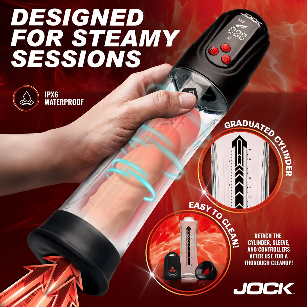 Jock Power Up digital waterproof penis pump with a clear, graduated cylinder and black control base held in a hand.