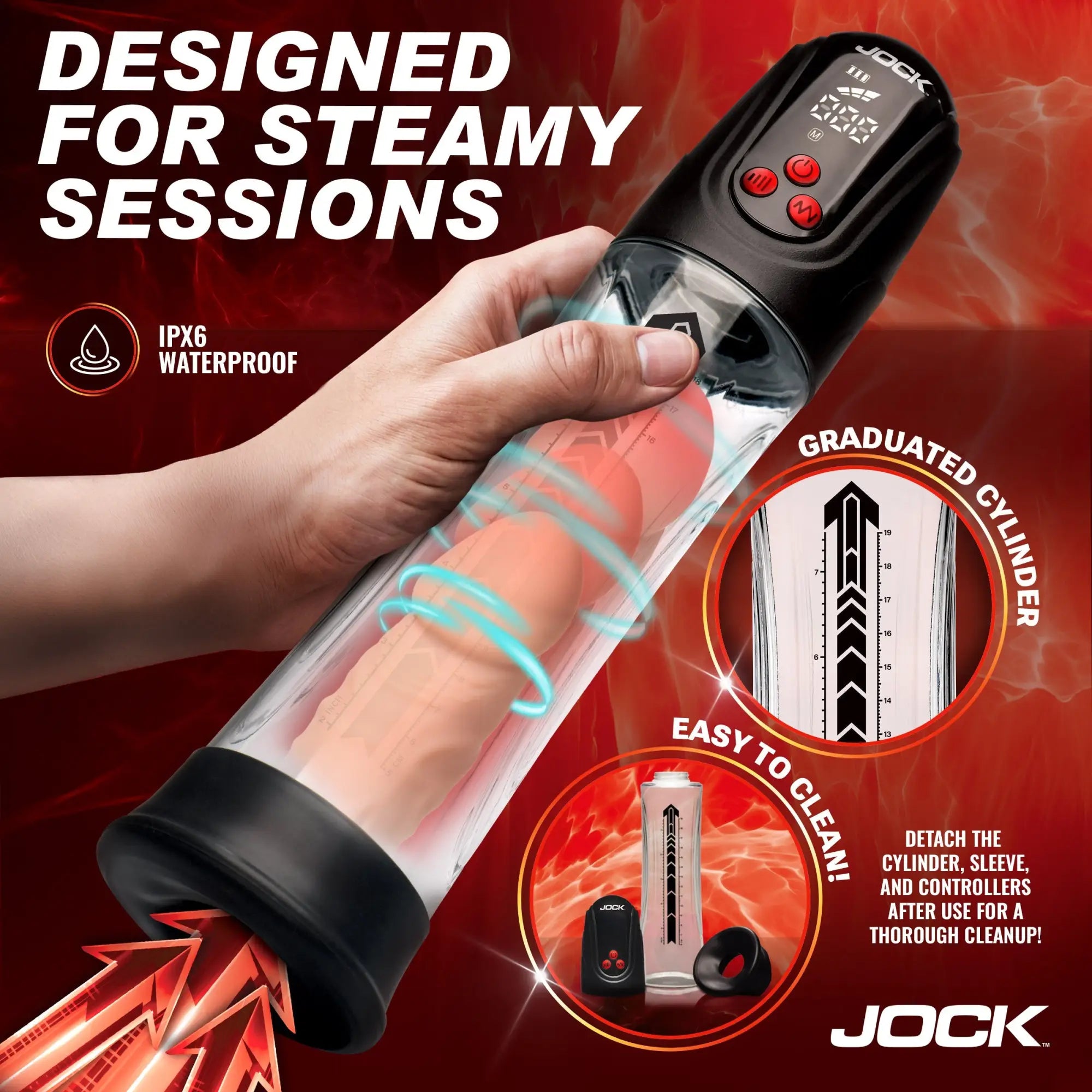 Jock Power Up digital waterproof penis pump with a clear, graduated cylinder and black control base held in a hand.
