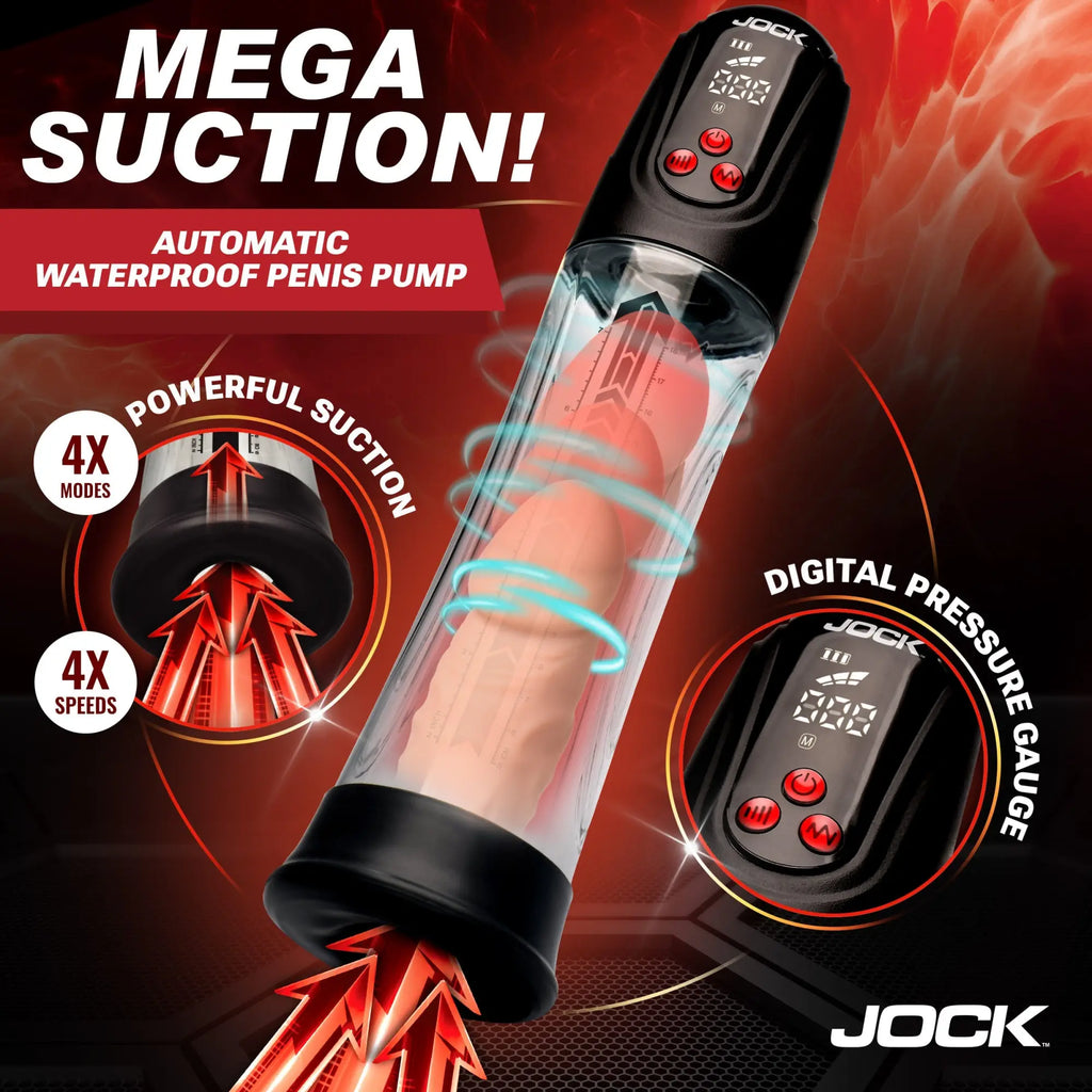Jock Power Up digital automatic waterproof penis pump with clear chamber, black base, and digital display.