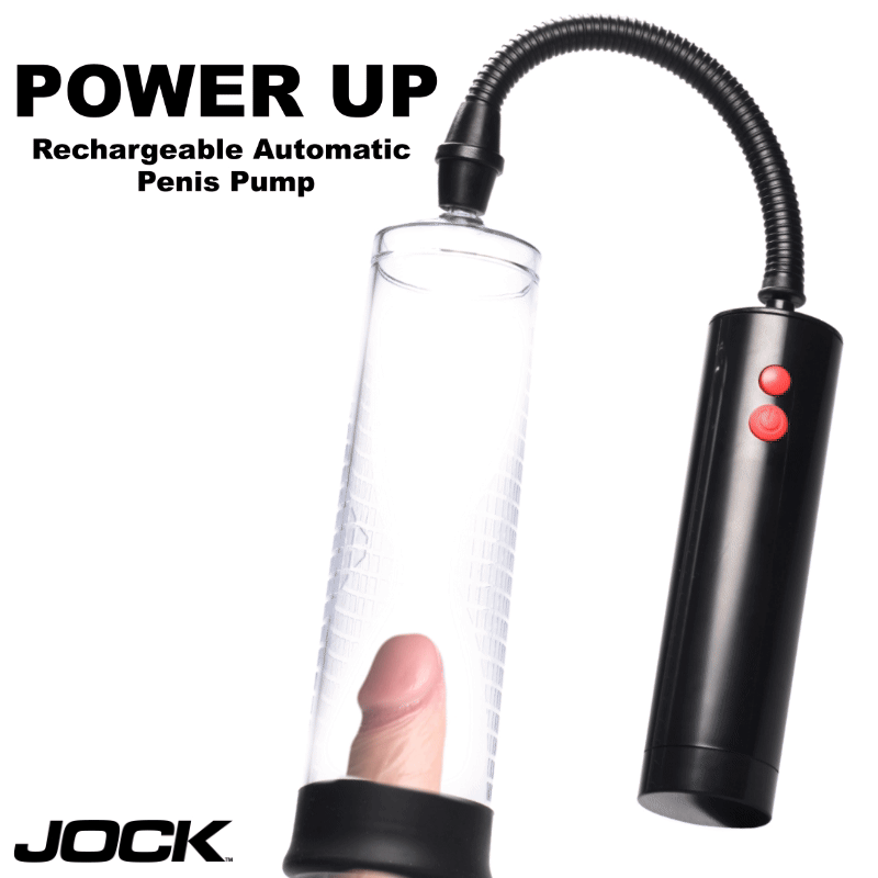 Jock Power Up Rechargeable Automatic Penis Pump featuring a clear cylinder, black control handle, and red buttons.