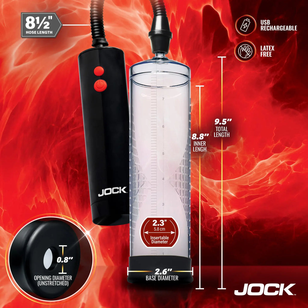 Jock Power Up Rechargeable Pump: clear cylinder, black control unit, with red text and icons on a fiery red background.