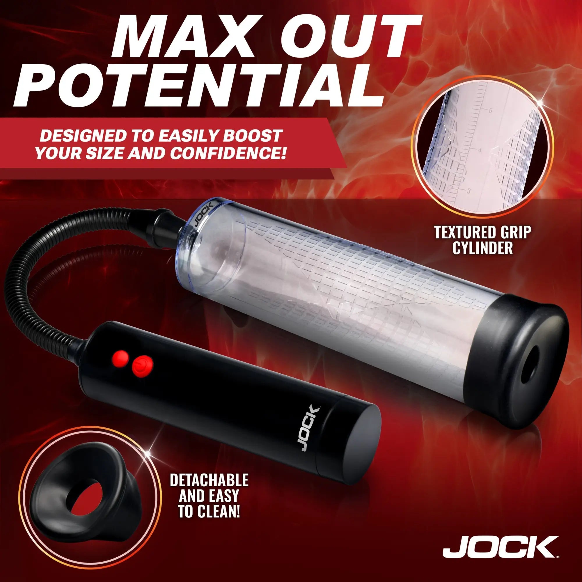 Jock Power Up automatic penis pump with a clear textured cylinder, black rechargeable base, and detachable silicone seal.