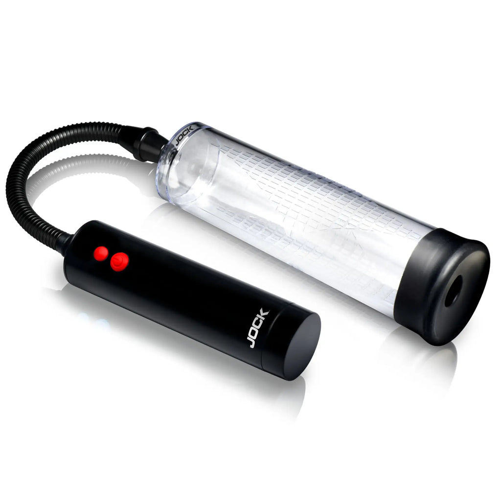 Jock Power Up automatic penis pump with a clear cylinder, black silicone base, and a black remote with red buttons.
