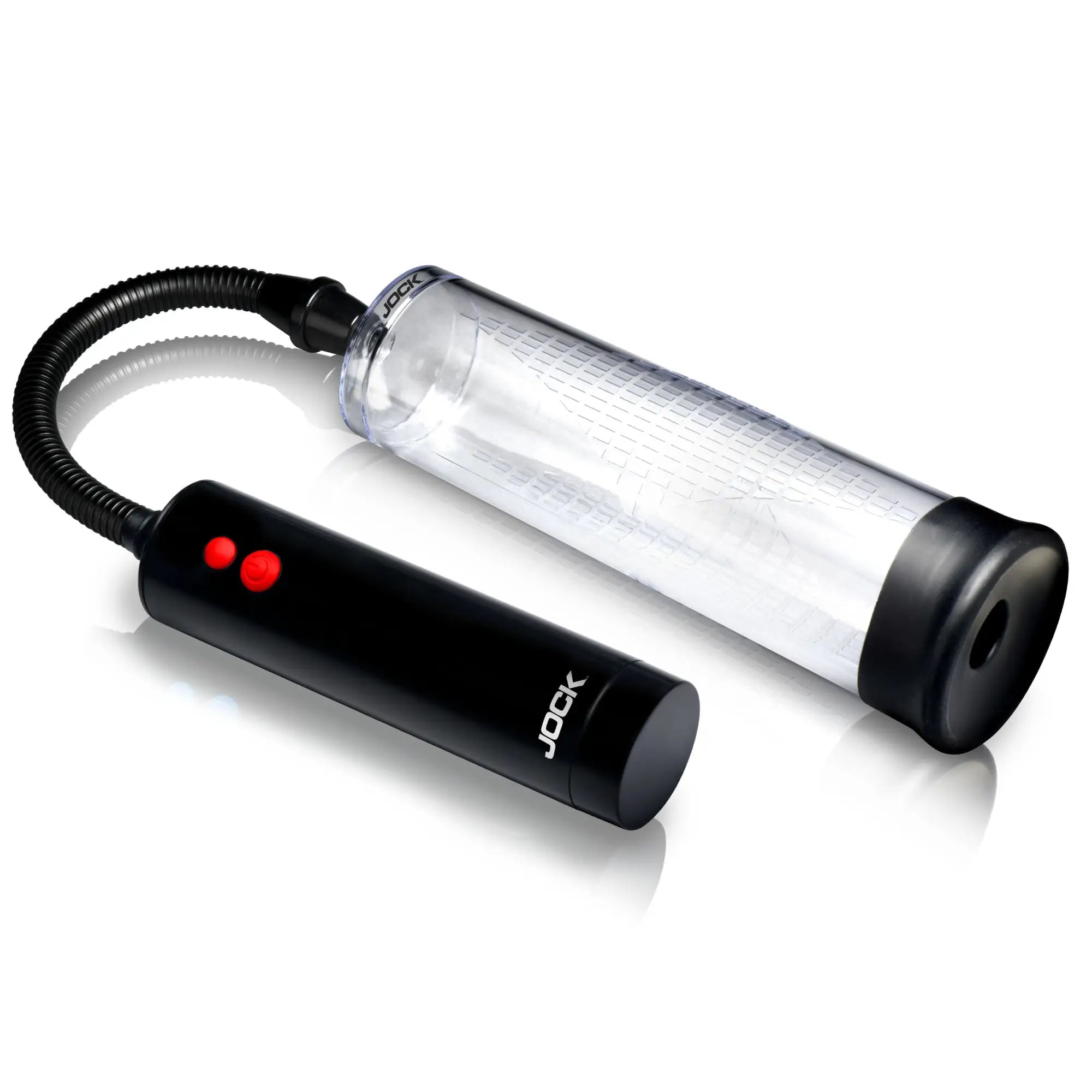 Jock Power Up automatic penis pump with a clear cylinder, black silicone base, and a black remote with red buttons.