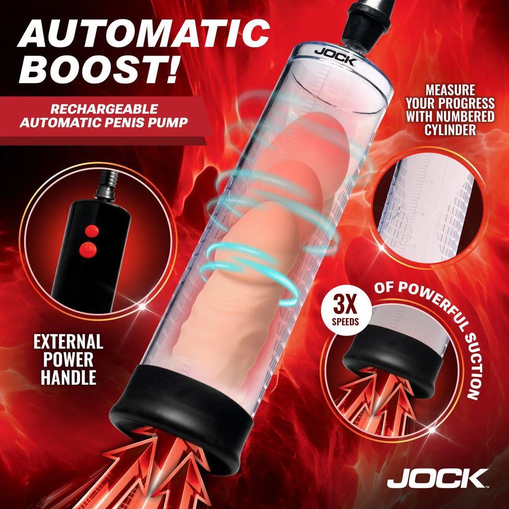 Jock Power Up automatic penis pump with a clear, numbered cylinder, black base, and external red-button power handle.