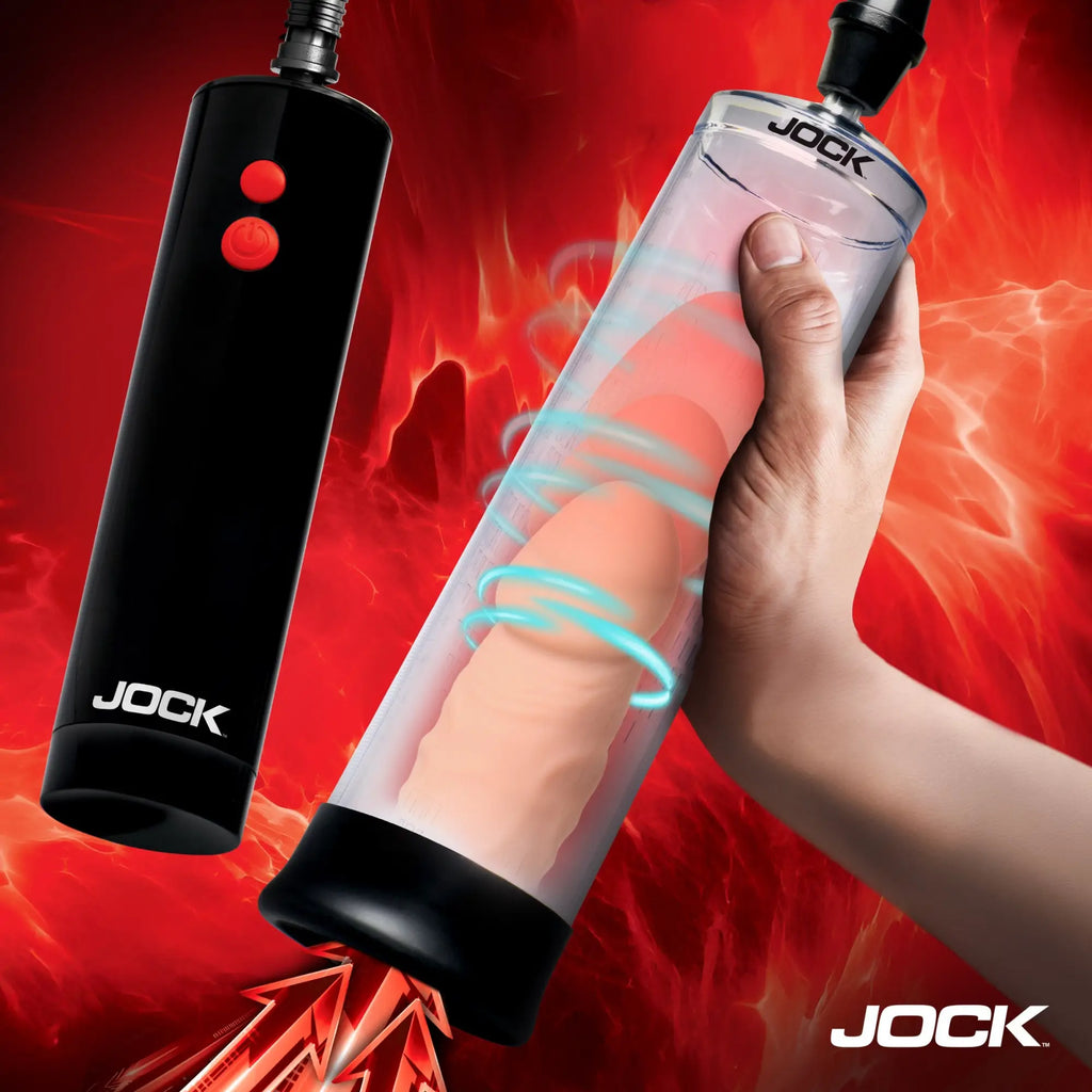 Jock Power Up automatic penis pump with a black controller and clear cylinder held against a red abstract background.