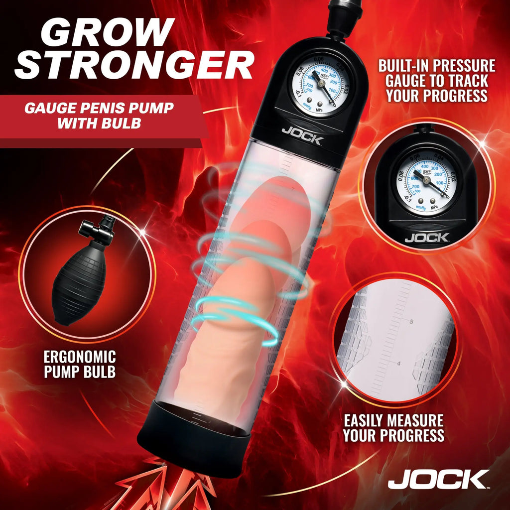 Jock Pump Up Gauge Penis Pump with clear, measured cylinder, black pump bulb, and integrated pressure gauge.