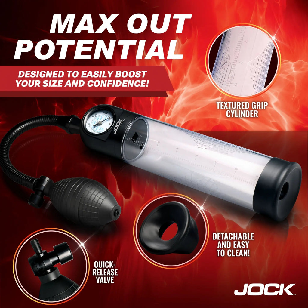 Jock Pump Up Gauge: Clear cylinder with measurements, black bulb, pressure gauge, and detachable base on red background.