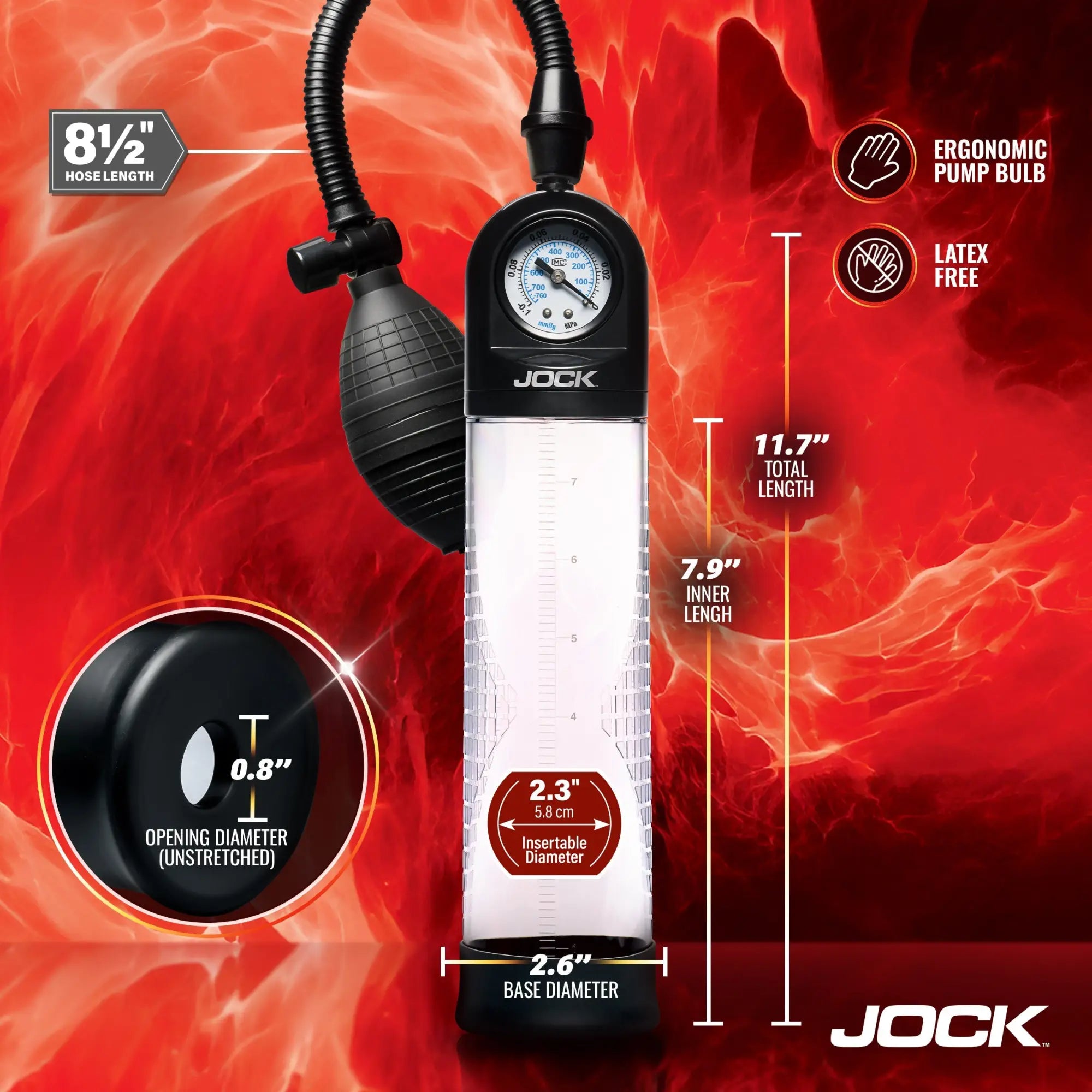 Jock Pump Up Gauge penis pump with a clear cylinder, black bulb, pressure gauge, and measurement callouts.