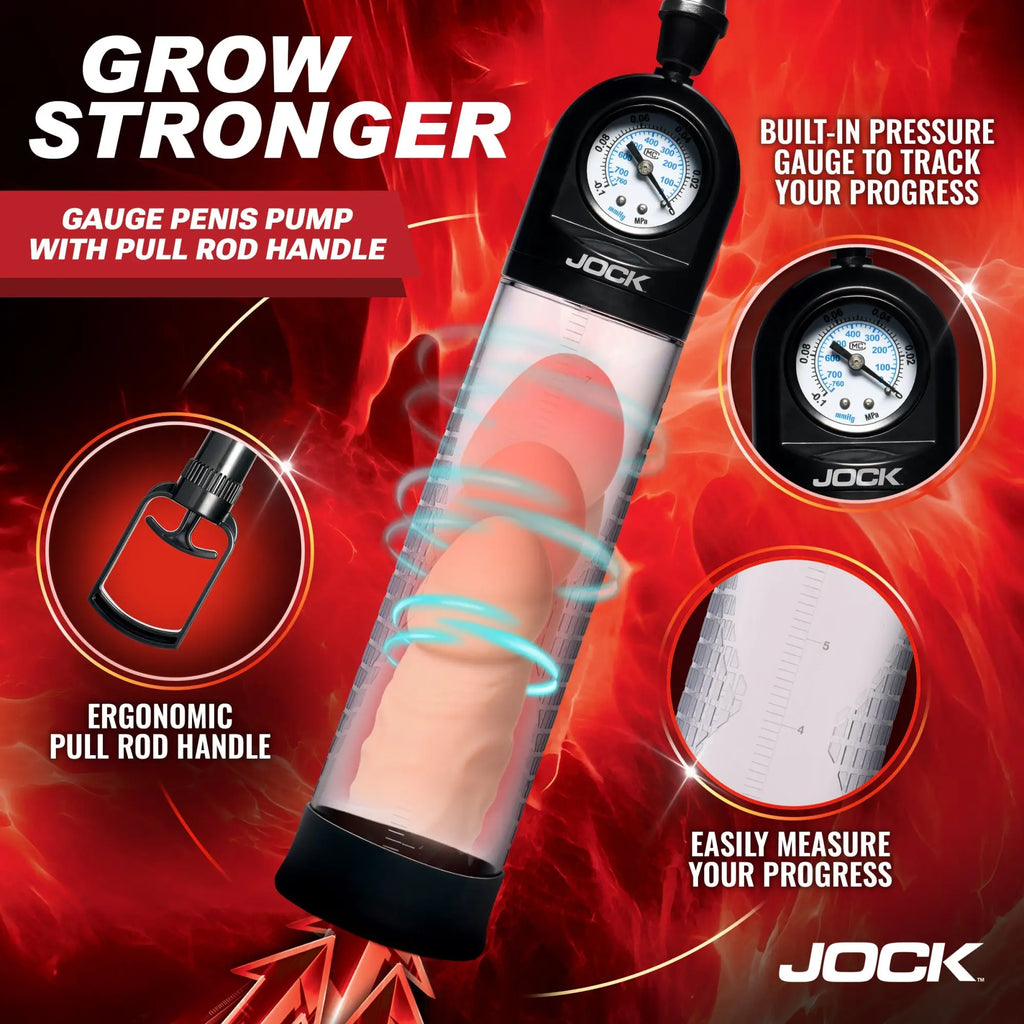 Jock Pump Up Gauge penis pump, a clear cylinder with a black pressure gauge, pull rod handle, and measurement markings.