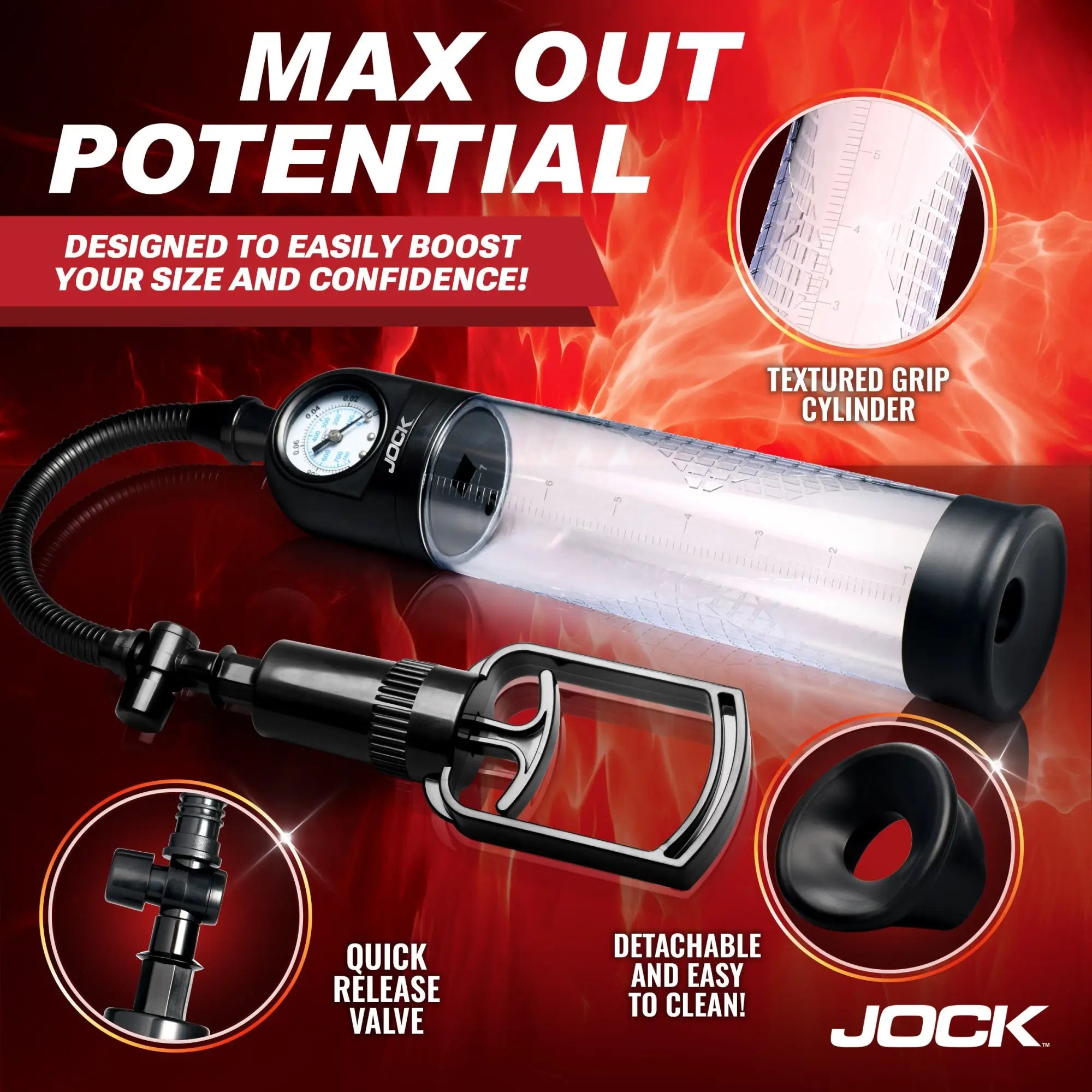 Jock Pump Up Gauge penis pump with a clear cylinder, black handle, pressure gauge, and quick-release valve.