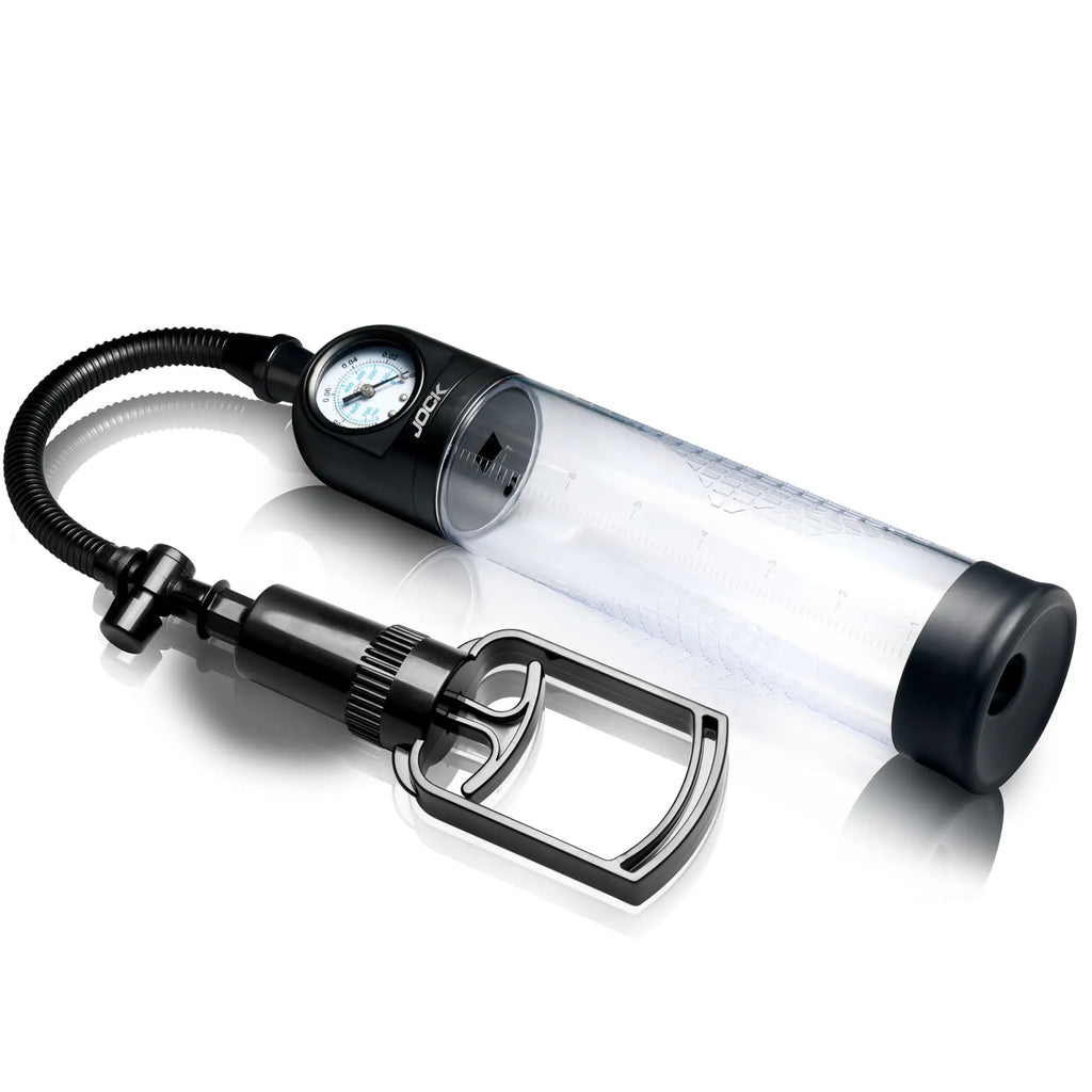 Jock Pump Up Gauge penis pump: clear graduated cylinder with black base, pressure gauge, and trigger-style pull handle.