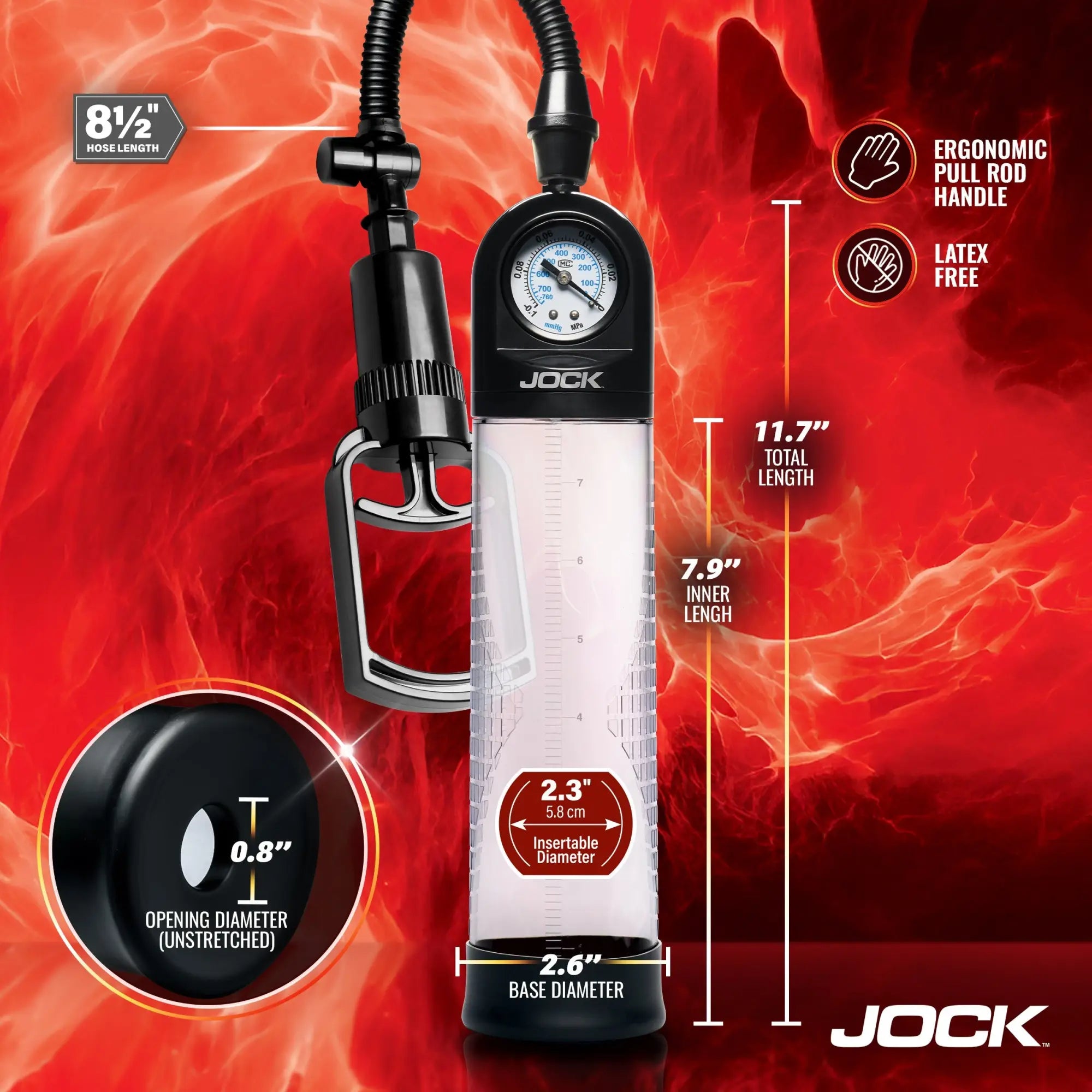 Jock Pump Up Gauge penis pump, a clear cylinder with black handle, pressure gauge, and red flame-style background.