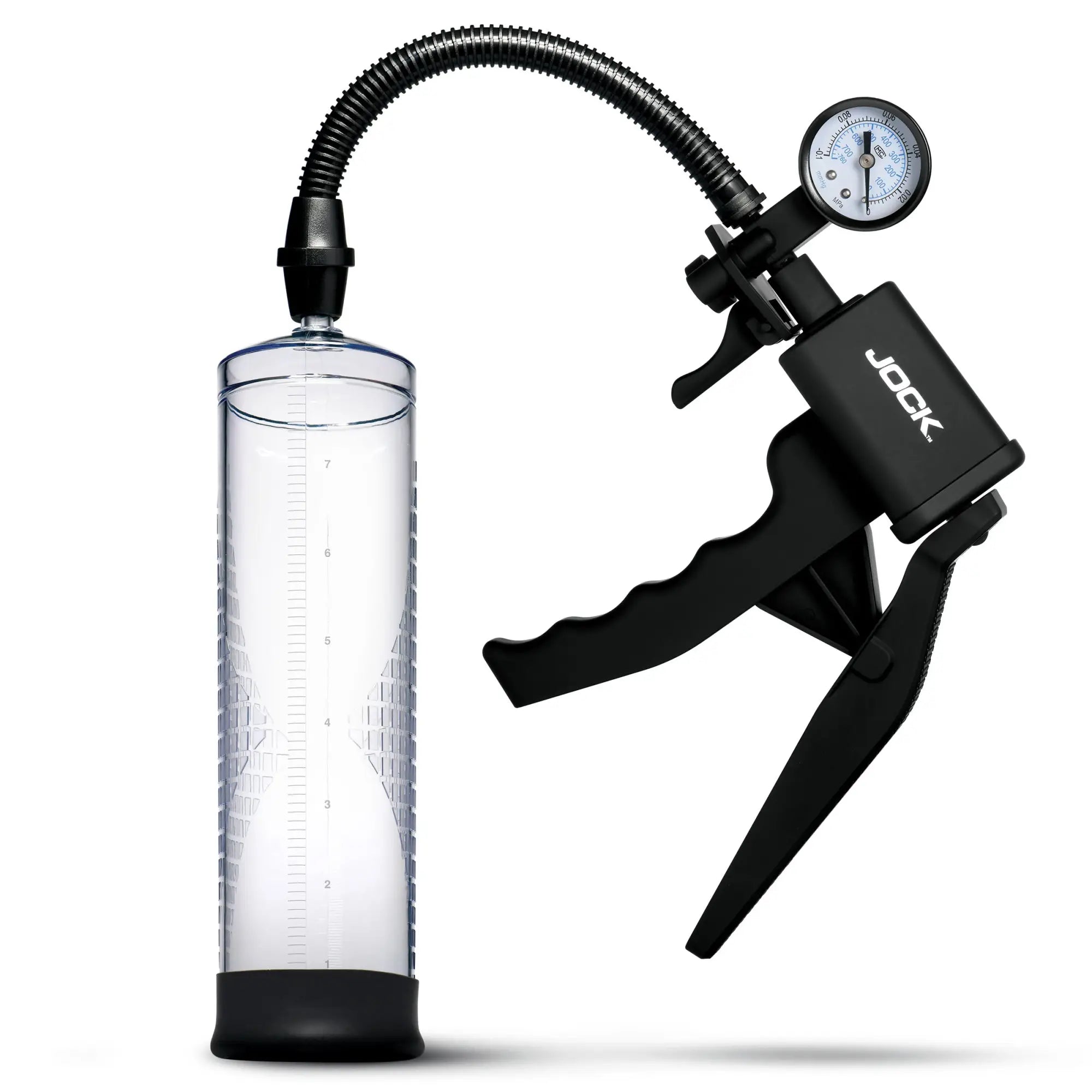 Jock Pump Up penis pump with clear cylinder, black trigger handle, and integrated pressure gauge.