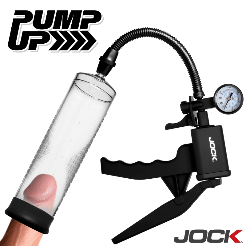 Jock Pump Up penis pump with clear cylinder, black trigger handle, and attached pressure gauge on white background.