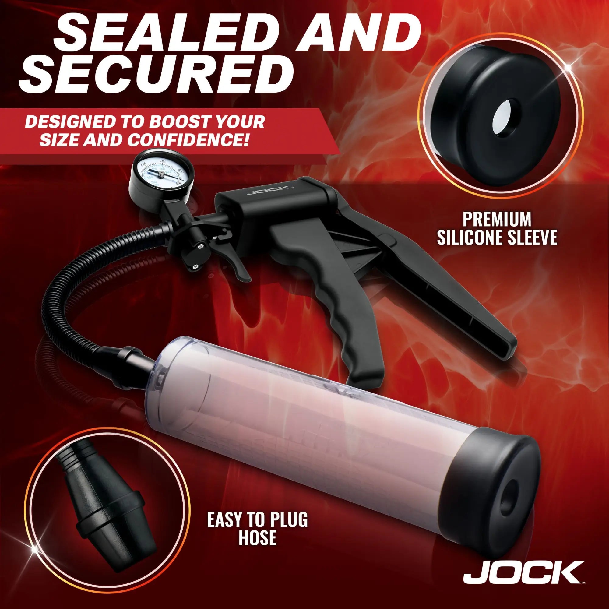 Jock Pump Up penis pump with black trigger handle, clear cylinder, pressure gauge, and silicone sleeve on a red background.