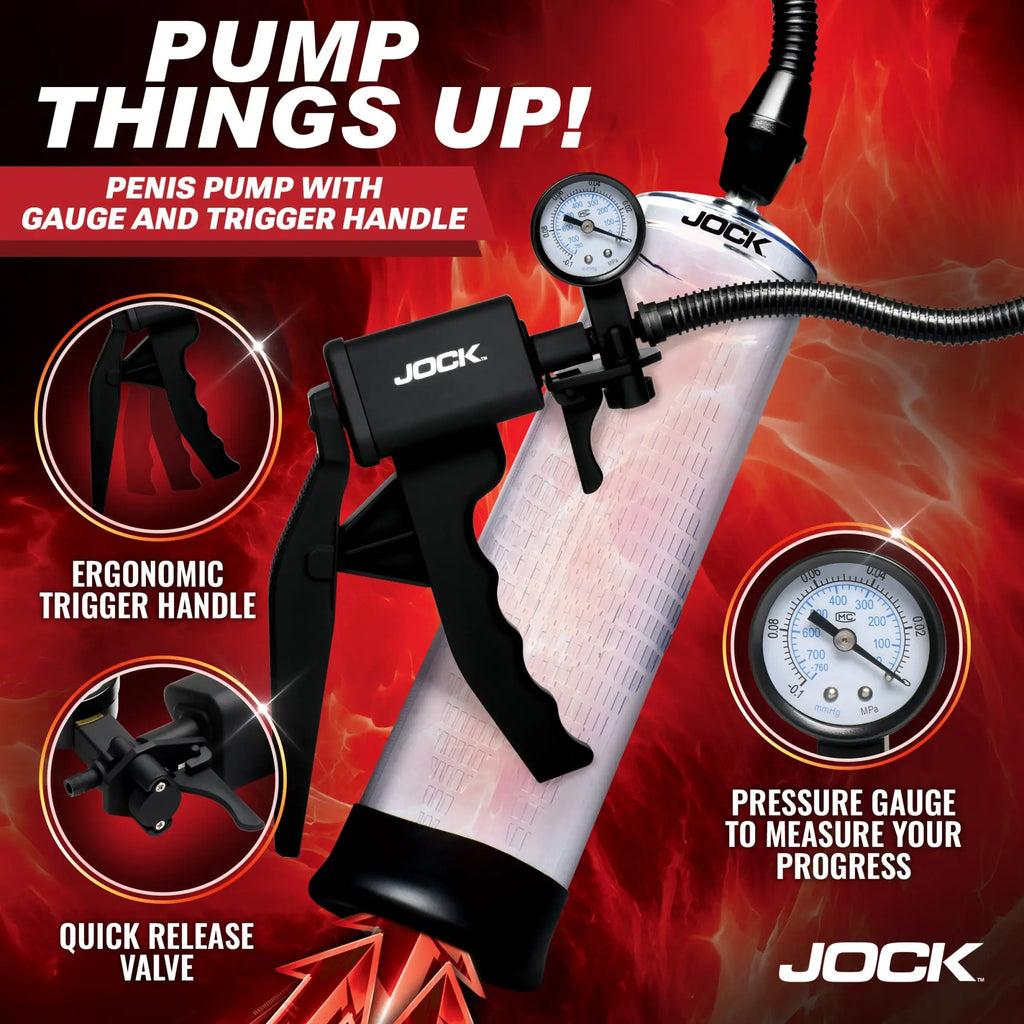 Jock Pump Up penis pump with clear cylinder, black trigger handle, and pressure gauge against a red fiery background.