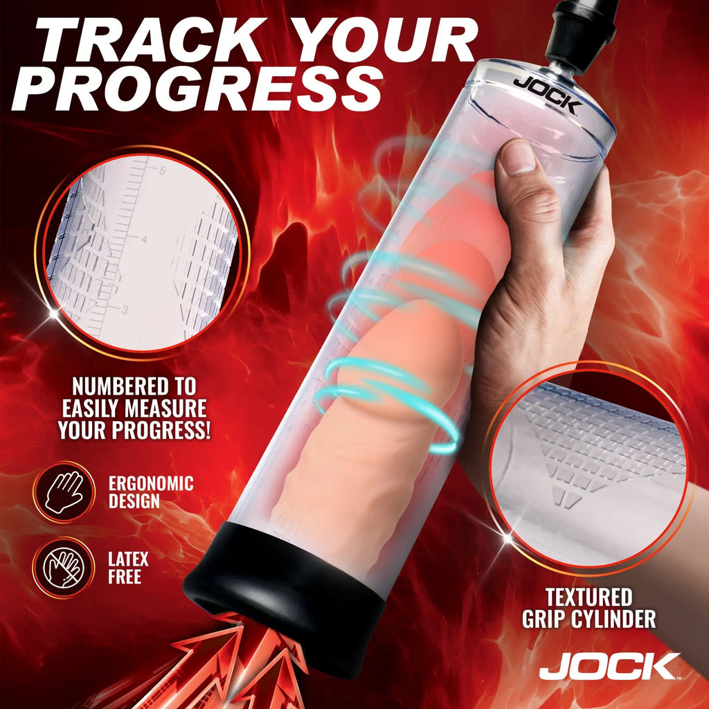 Jock Pump Up penis pump with clear graduated cylinder, black base, and handle, shown against a red fiery background.