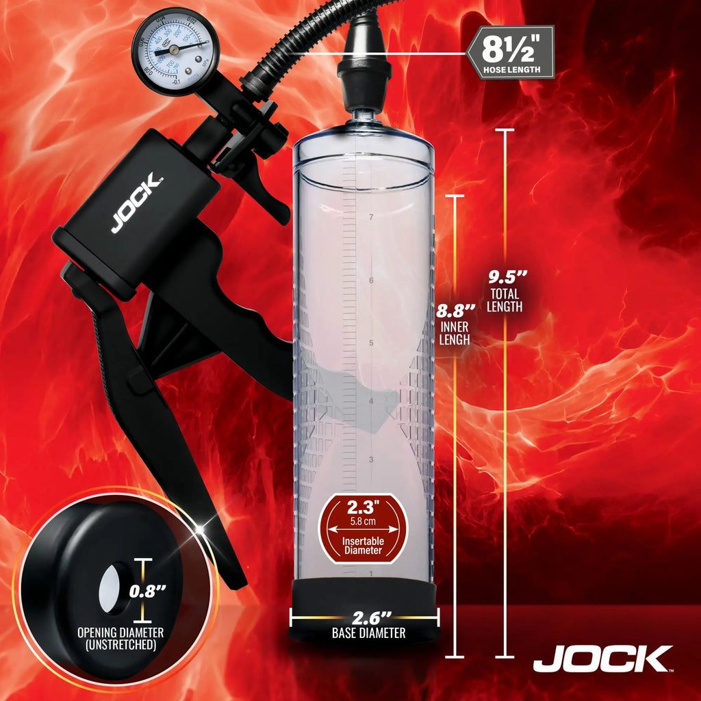Jock Pump Up penis pump featuring a clear cylinder, black trigger handle, vacuum gauge, and various measurement labels.