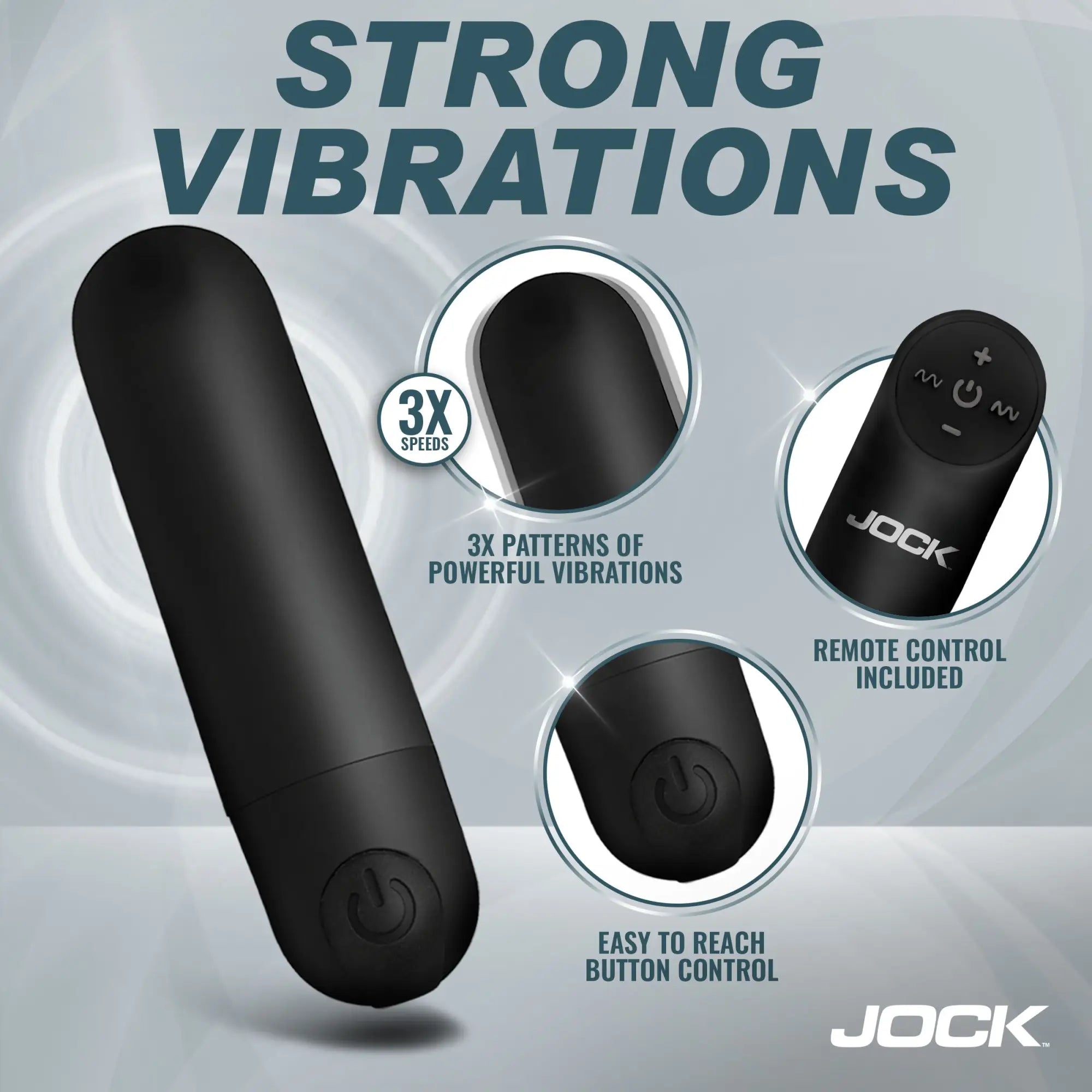 Jock Remote Control Vibrating Dildo in matte black with remote, showing 3 speeds, vibration patterns, and button.