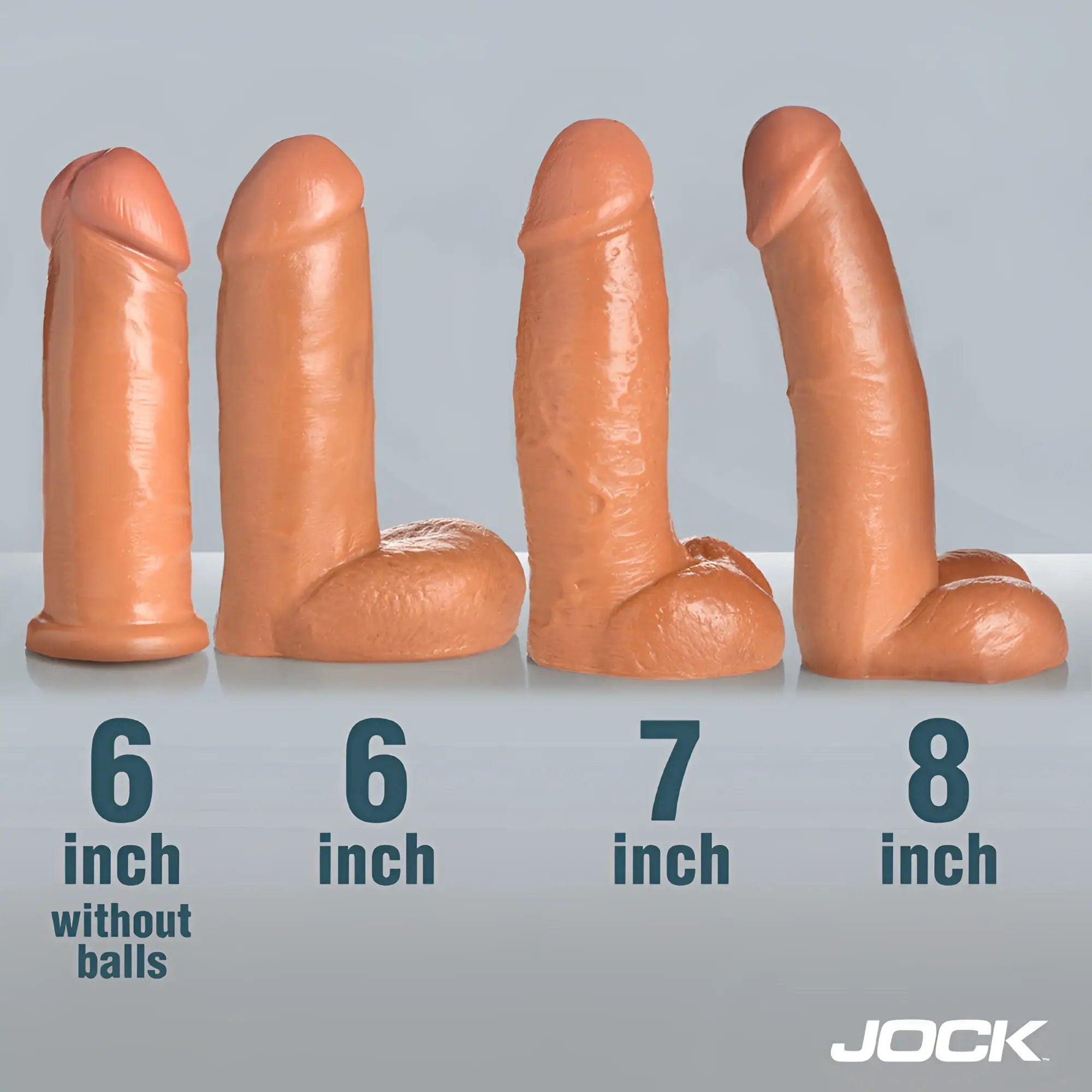 Jock remote control vibrating dildos in four sizes, shown in realistic flesh-tone silicone with varied base shapes.