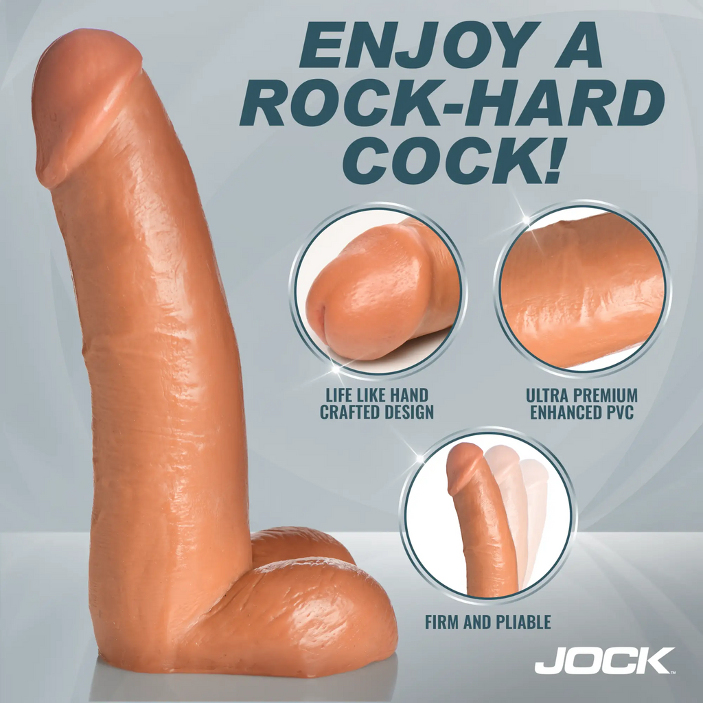 Jock Remote Control Vibrating Dildo: a realistic, tan PVC phallic toy with textured detailing and base.