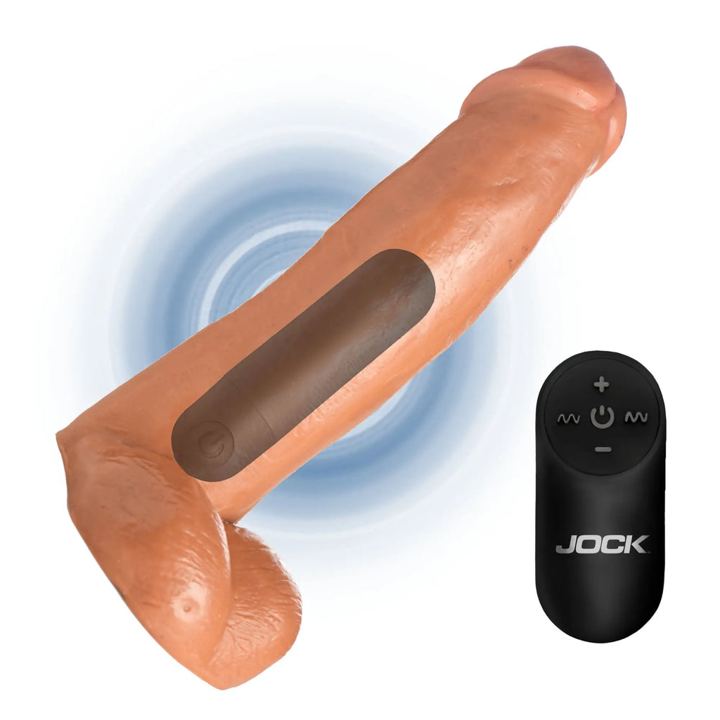 Jock Remote Control Vibrating Dildo: Realistic flesh-toned phallic toy with black remote control on white background.