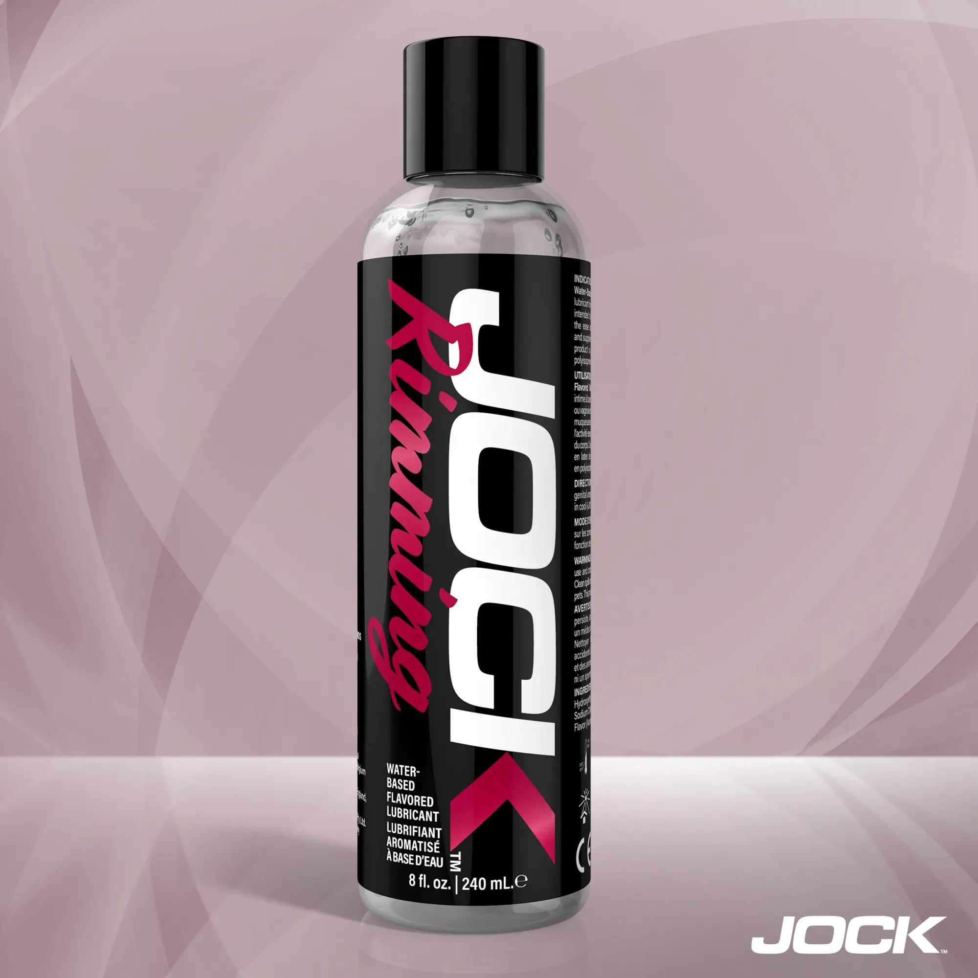An 8oz bottle of JOCK Rimming Lubricant (Cherry) with a black label, white branding, and pink text on a light background.