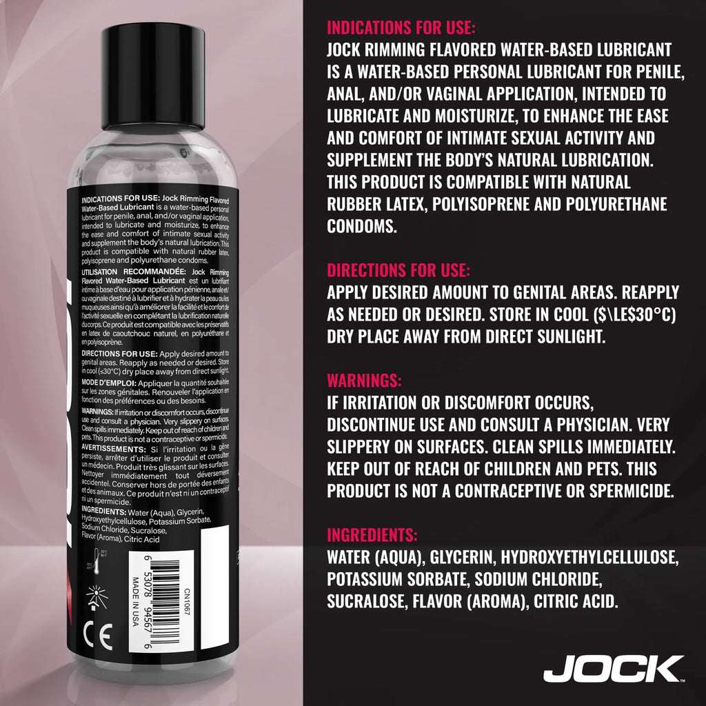 8oz bottle of Jock Rimming Lubricant (Cherry), featuring a black label with detailed product info and instructions.