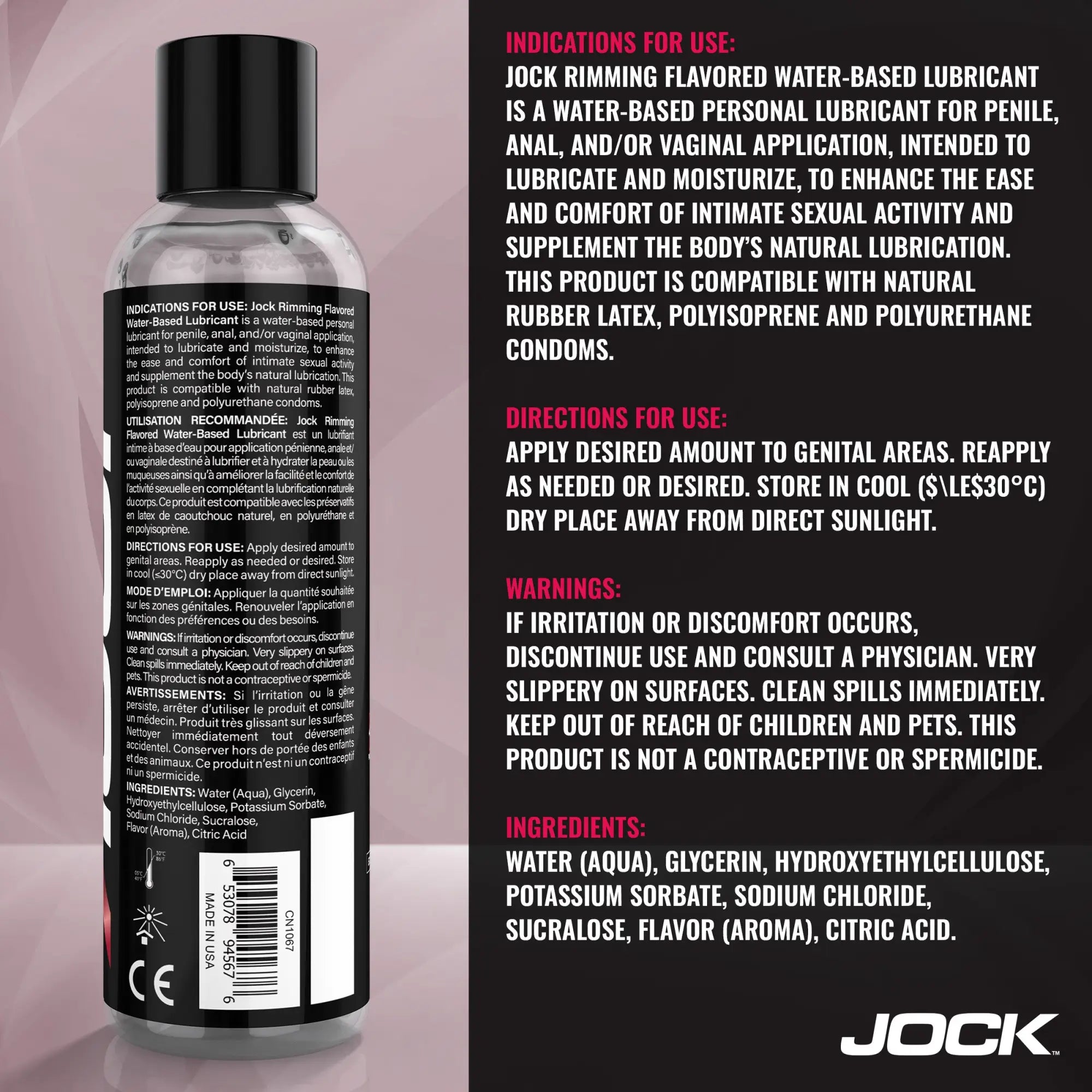 8oz bottle of Jock Rimming Lubricant (Cherry), featuring a black label with detailed product info and instructions.